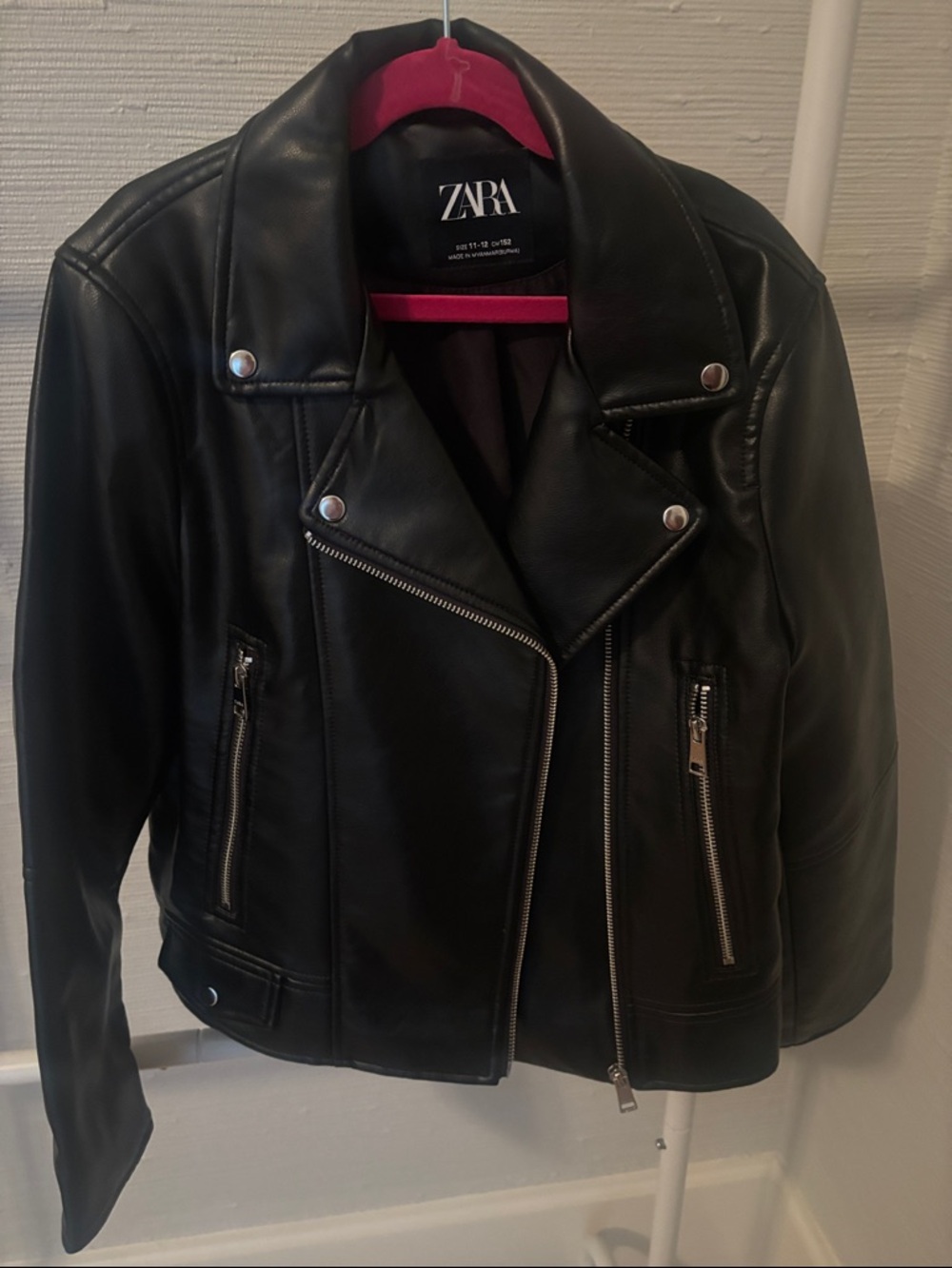 ZARA Kids Black Faux Leather Moto Jacket with Silver Hardware